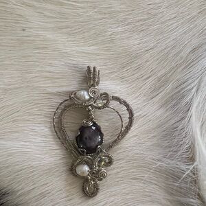 Handcrafted Amethyst Silver Wireheart Pendant with Dark Gem and Pearls